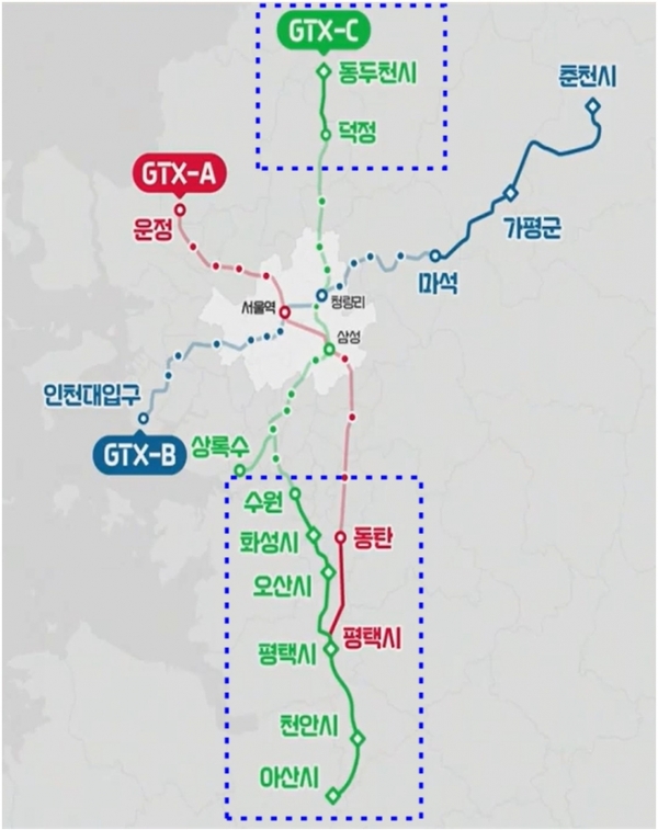 GTX-A.C노선 연장 노선도(국토교통부 발표자료, 경기도 일부 편집)