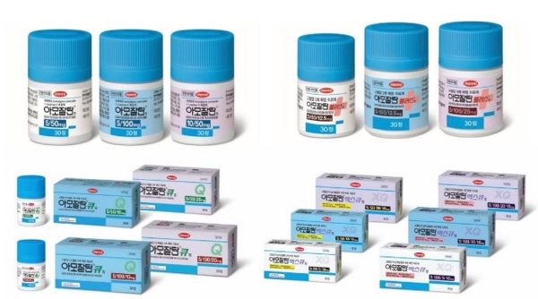한국 제약회사가 독자 개발한 의약품으로는 최초로 누적 매출 1조원을 돌파한 한미약품의 아모잘탄패밀리 4종 18개 용량 제품 모습. 사진 = 한미약품